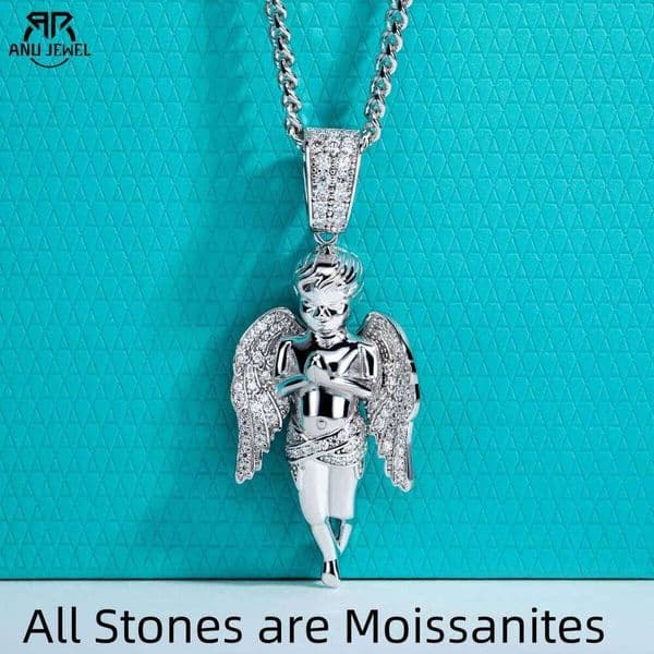 AnuJewel Moissanite Graceful Angel Necklace Hip Hop 925 Sterling Silver Rock Dazzling Pendant New Age 60cm Chain Jewelry 26W0121
