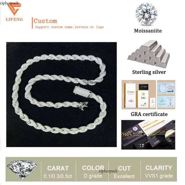 8mm for women Rope Necklace Pure Sier Iced Vvs necklace Silicon Stone Thick jewlery Twisted Cuban Men's Hip Hop Chain