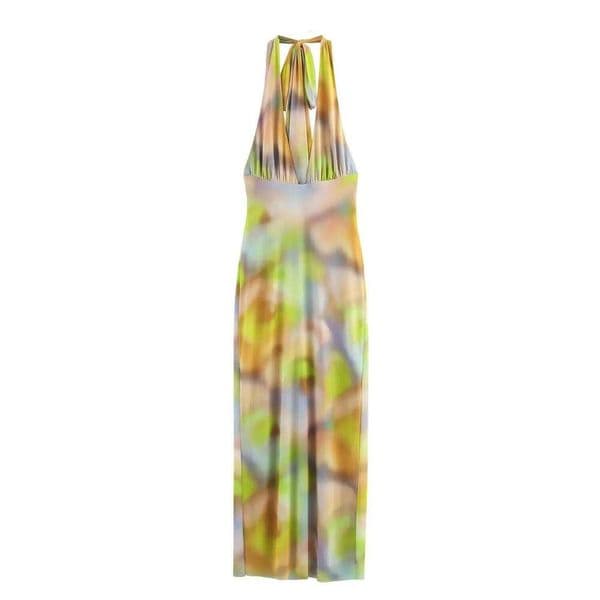2025 new summer women's casual fashion temperament holiday style printed halter neck slim backless long dress