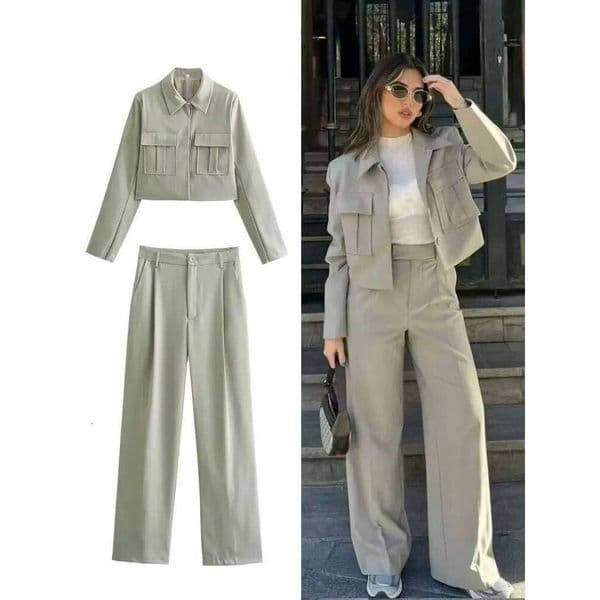 HH Autumn Women's Commuting Solid Set Long-sleeved Lapel With Pockets Short Jacket+Pleated Wide-leg Pants Casual Suit