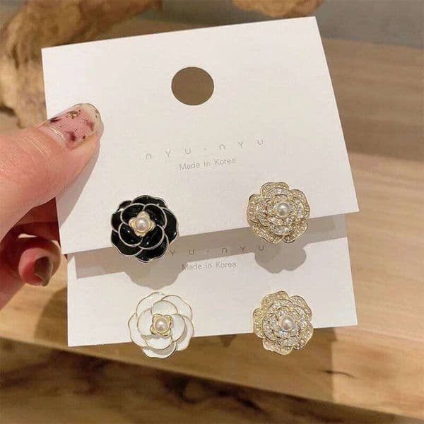 Luxury Camellia Stud White Black Metal Asymmetrical Lady Flower Earrings Simple Cute Ear Jewelry For Girl Friends Gift