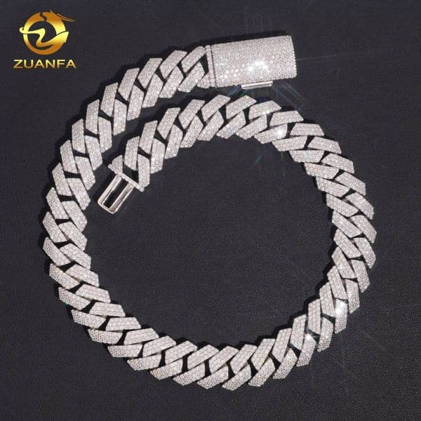Zuanfa Jewelry 3 Row 15mm Links Fine Workmanship 925 Big Cuban Link Chain Moissanite Iced Out Necklace