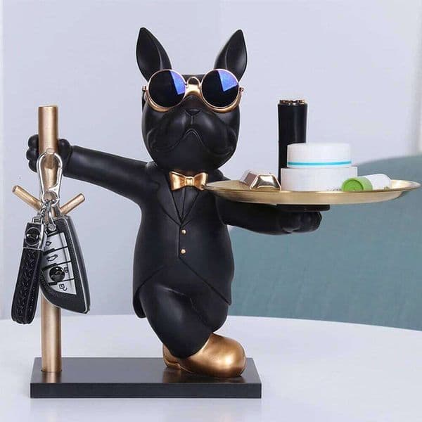 French Bulldog Sculpture Dog Statue Decorative Figurine Storage Metal Tray Coin Piggy Bank Entrance Key Snack Holder 26W01212
