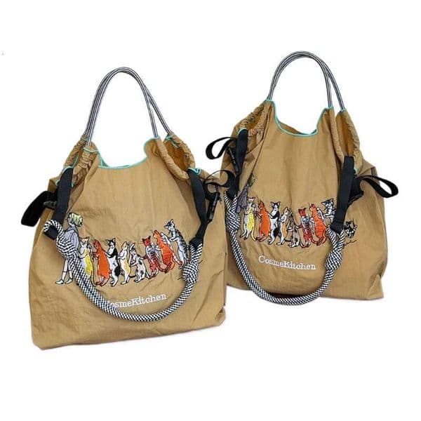 New Women's Tote Embroidered Nylon Shopping Kitten Queue Large Capacity Shoulder Bag Lightweight Foldableable Storage Work Clothing Leisure Travel JINXIANGGUO