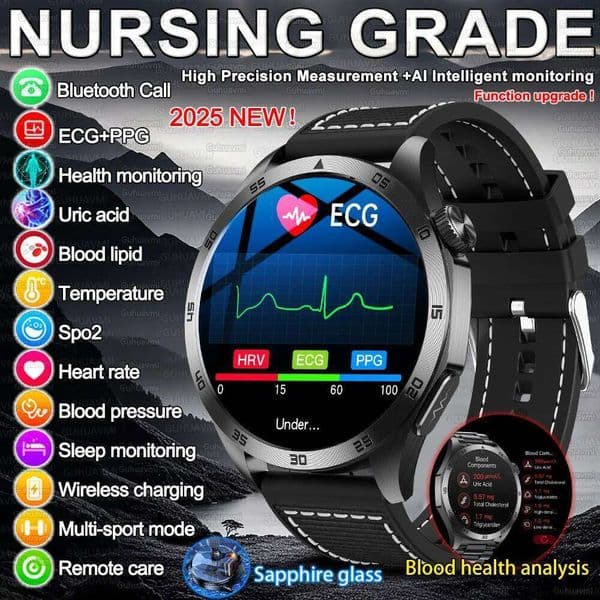2025 New Nursing Grade ECG+PPG Lipid Blood pressure Uric Acid HD BT Call Clock Health Smart Watch Men 26Y0122
