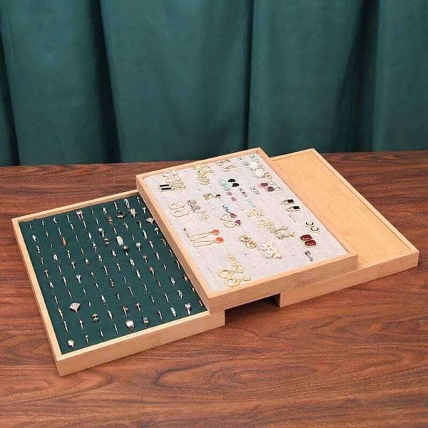 Fashion Bamboo Wood Velvet 100 Digit Ring Display Tray Jewelry Stud Earrings Storage Plate Jewellery Counter Showcase Props 26Y0122