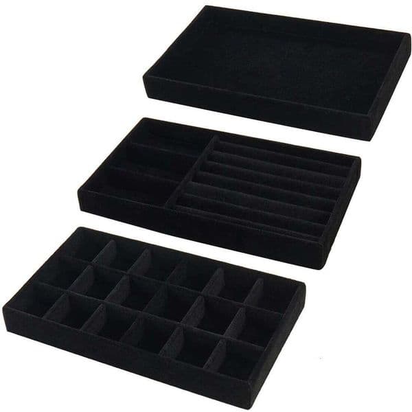 3pcs Black Organizer Velvet Jewelry Tray Display Ring Bracelet Necklace Storage Box Showcase Drawer 26Y0122