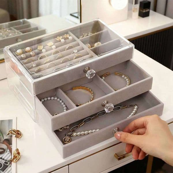 1pc can stack 3 layers of beige/gray drawer style jewelry earrings rings necklaces bracelets organizing box 26Y0122
