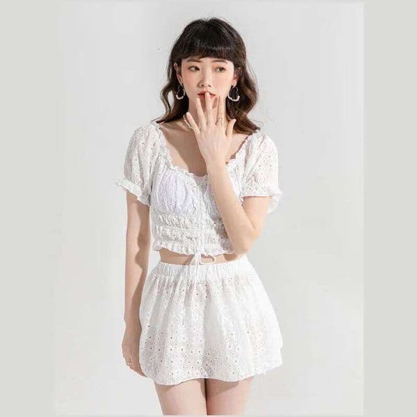 Student Female Ins Split Conservative Slimming Soak Hot Spring Sexy Bubble Sleeves One Shoulder Pure Swimsuit