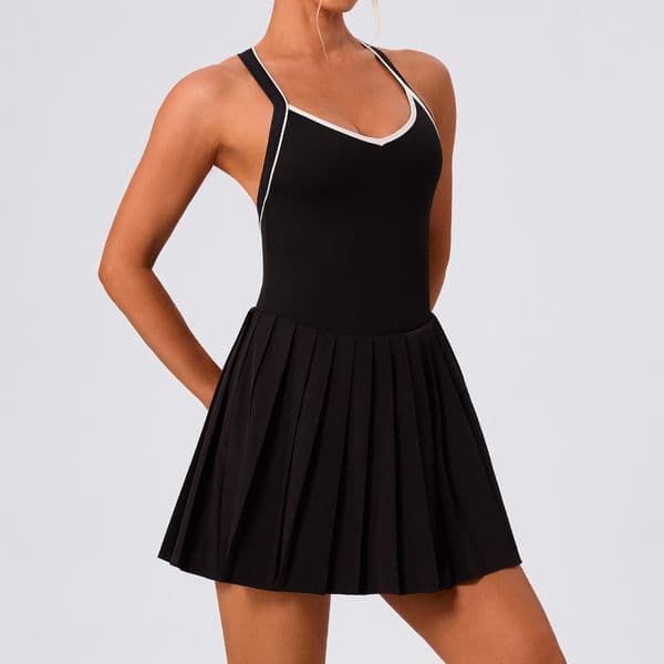 YW1023L Women's Tennis Dress Yoga Halter Contrast Trim Pleated Built-In Bra Workout Sports Mini Dress