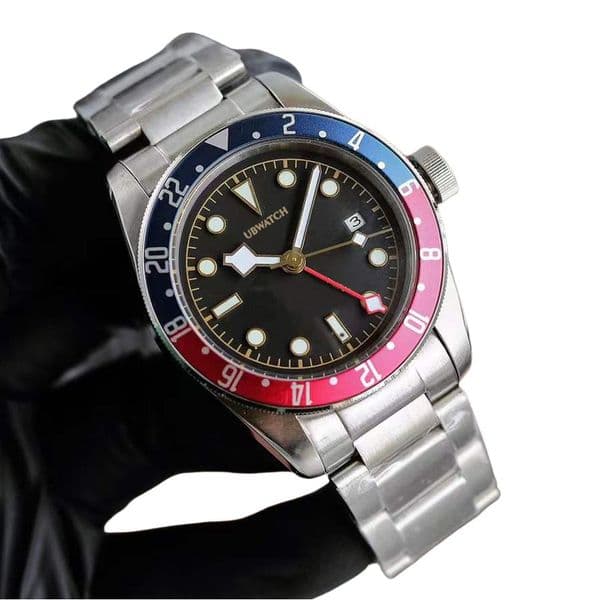 40MM T1 Automatic Mechanical Hardlex Glass Mens Watches Black Dial Unique Hands Grand Man Wristwatches Stainless Steel Strap