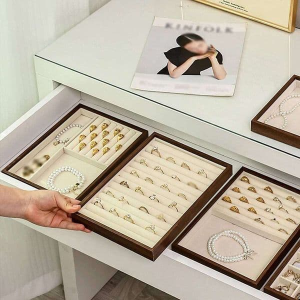1pc Walnut wood grain box, jewelry storage store counter display tray, used for rings, necklaces, earrings 26Y0122