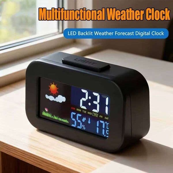 Weather Station Clock With Color Display - Temp Humidity Monitor Backlit Kids & Teens Perfect for Bedroom/Dorm Desk 26L0122
