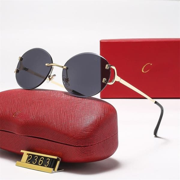 Unisex Designer Rimless Round Sulasses Gold Metal Frame Circle Accent Temples Multi Color Gradient Lens UV Protection Retro Luxury Glasses for Women Men