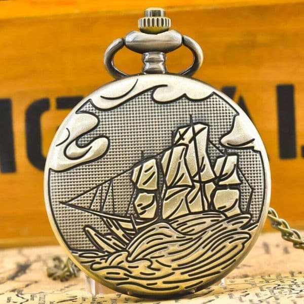 Vintage Bronze Steampunk Stick Figure Sail Carved Quartz Pocket Watch Necklace Pendant Clock Men Women Chain Gift 26W01123