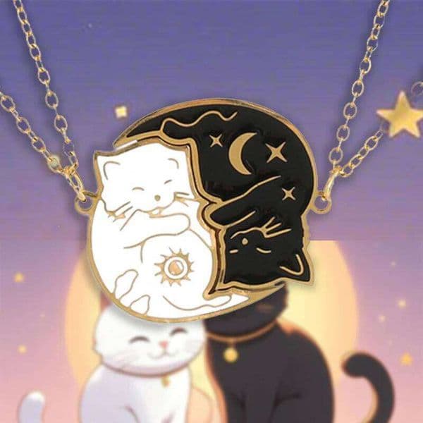 2Pcs Stainless Steel Black White Necklace Love Embrace Cat Matching Couple Pendant Necklaces BFF Jewelry for Women Friend Z260123