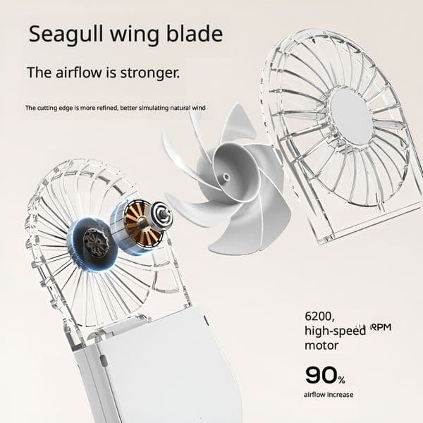 Transparent folding mini electric fan with three-in-one design: desktop, handheld, and neck-mounted