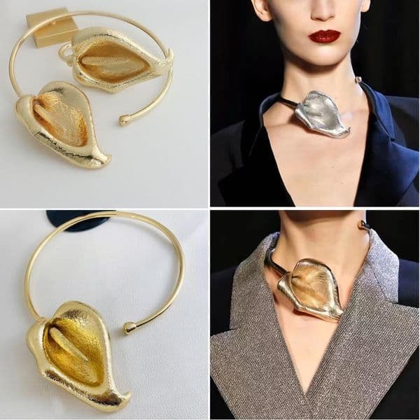 Exaggerated runway 3D pleated red palm flower bracelet collar Gold Silver Choker Necklace Cuff Bangle Bride's wedding Jewelry