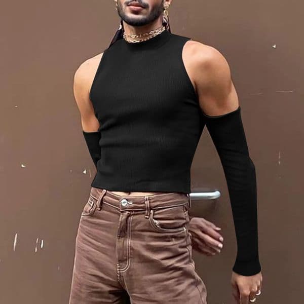Chic Men Hollow Out Long Sleeve T Shirt Casual Turtleneck Sweatshirt Streetwear Sexy Crop Off Shoulder Tops Summer 260120BJ