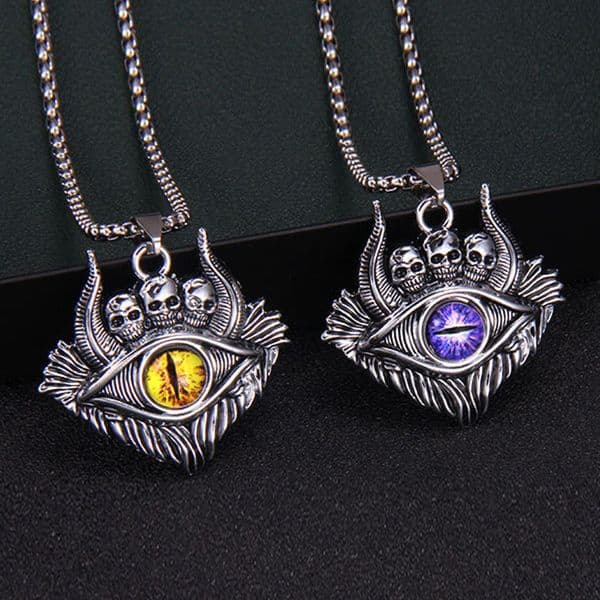 Mens Turkish Eye Necklace Dark Skull Blue Pendant Accessories Bling Gemstone Party Antique Silver Hip Hop Gothic Punk Rock Necklaces Bijoux For Men Guys Wholesale