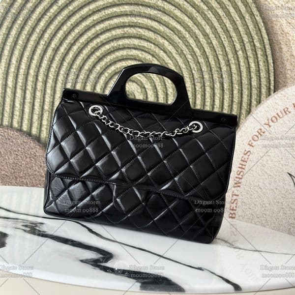 12A All-New Mirror Quality Designer Tote Bag Top Handle Handbags for Women Genuine Leather Shoulder Bags Black Quilted Purse 3326