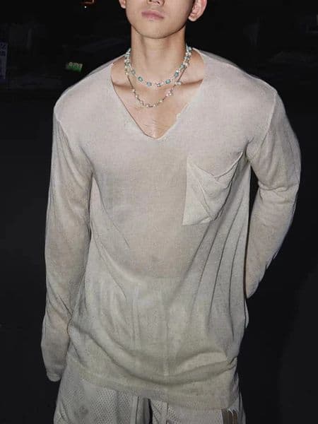 Mens T-shirts Solid Color See-through V-neck Thin Tees Long Sleeved Loose Male Pullover Tops Autumn Night Club Hollow Out Tops 260120BJ