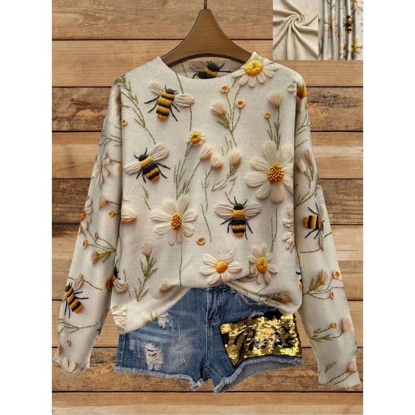 Mardi Hefxessdr ladies sweater round Neck Sweater Floral Bee Pattern Casual Style Knitted Top for Autumn Winter plus Size Clothing