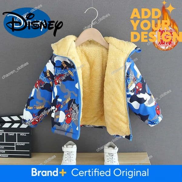Disney Children Parka Coat 2024 Winter Kids Boys Cartoon Spider Man Full Print Hoodie Jacket Toddler Thick Plush Warm Outerwear Clothes H251007