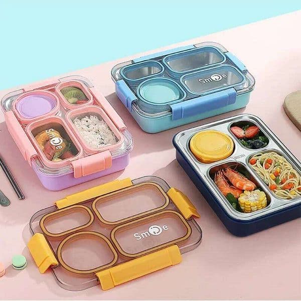 4 Divided Stainless Steel Compartments Bento Kids Insulated Lunch Box for School Office Kitchen Food Storage Container 26H0123