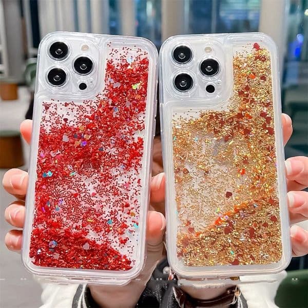 Liquid Sand Case Suitable for Iphone16 Pro Max Phone. It Is Also Compatible with The 15 Pro Max It Features A Golden Liquid Sand Red Color and Is Designed To Be Shockproof