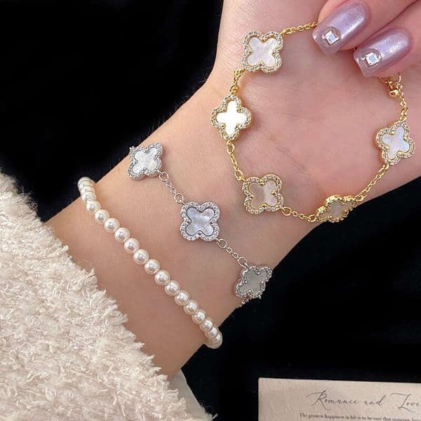 Natural Shell Mother-of-Pearl Micro-Inlaid Zircon Four-Leaf Flower Bracelet for Women, Gold and Silver Two-Tone Exquisite High-End Fashion Light Luxury Jewelry