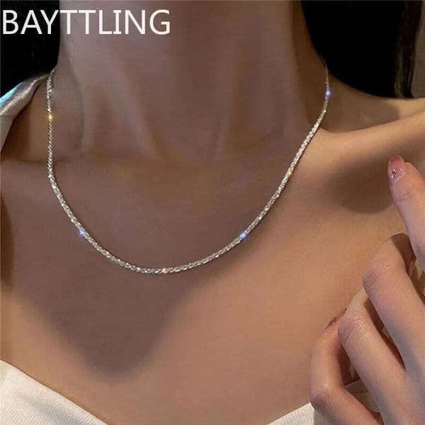 Authentic S925 Sterling Silver Necklace 2mm Shiny Clavicle, Sweater Chain, High-end Charm Jewelry Gift for Women Z260123