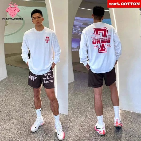 American style Letter Print T-shirt Men Autumn 100 Cotton White Long sleeves Loose Workout Shirt Y2k Top mens clothing 260121BJ