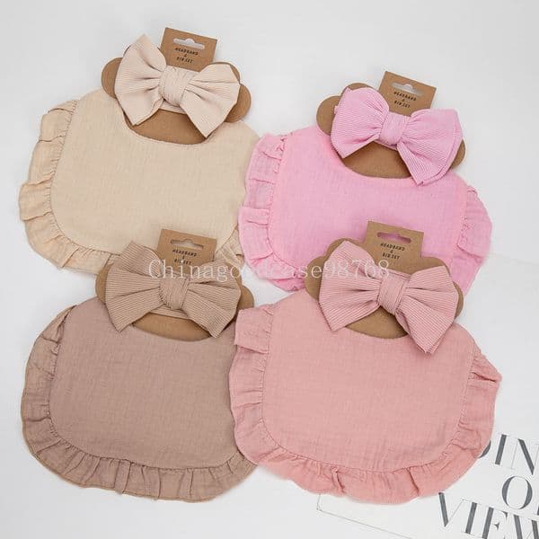Ribbed Baby Bibs Hair Bows Headbands for Baby Boys Girls Ruffled Flower Saliva Towel Feeding Burp Cloth Scarf Headwear