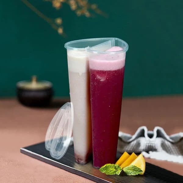 600ML Heart Shaped Double Share Cup Transparent Plastic Disposable Cups with Lids Milk Tea Juice Cups for Lover Couple