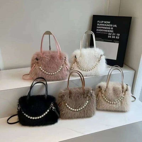 Fashion Womens Plush Beaded Handheld Small Square Texture Versatile Commuter Tote Fury Simple Shoulder Crossbody Bag