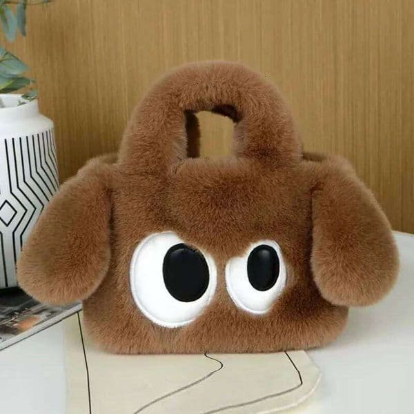 Autumn Winter Cute Big Eyed Dog Pattern Plush Tote Stylish Women's Handbag Chain Crossbody Bag, Fashionable Shoulder Bag