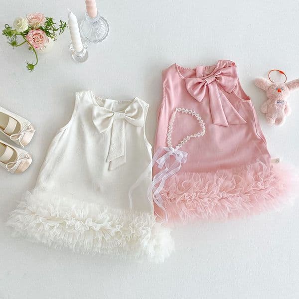 2026 New Girls Bow Princess Summer Mesh Solid Color Baby Girl perfume Trendy cologne Korean Style Childrens Dress Designer