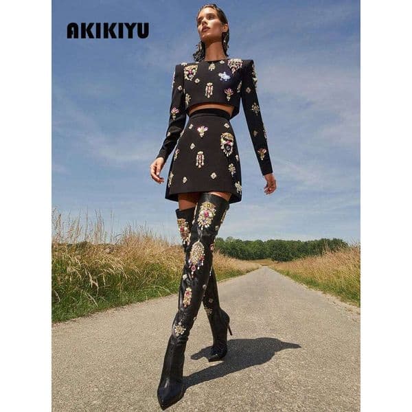 Newest 2026 Runway Suit Women's O-Neck Zip Back Cropped Tops Mini Skirt Set 2Pcs AKIKIYU