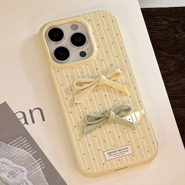 Korean Polka Dot Striped 3D Yellow Green Bowknot Phone Case For iPhone 17 16 15 14 13 12 Pro Max Shockproof Protective Cover