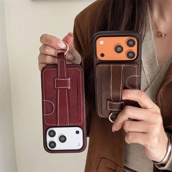 Fashion Leather Bag Wristband Phone Case For iPhone 17 16 14 15 Pro Max Cover Card Holder Shockproof Cases 17Pro Funda
