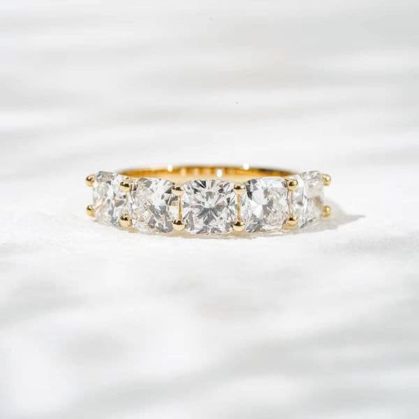 Starsgem 32ct 55mm Cushion Cut Lab Grown Diamond White/Yellow Gold Five Stone Classic Anniversary Band Ring
