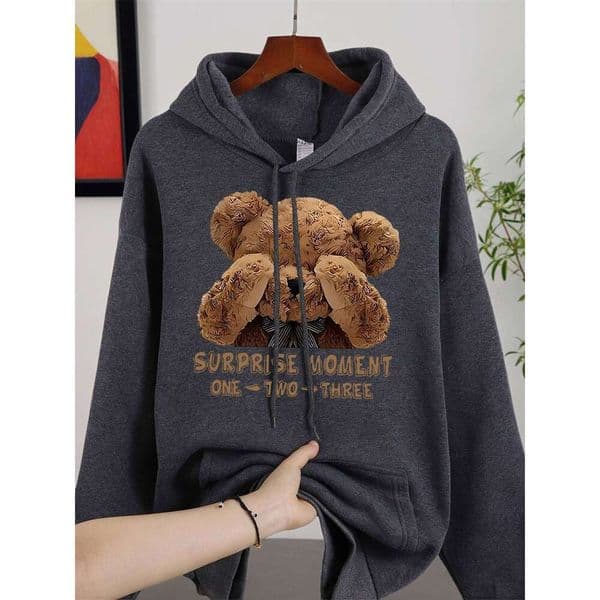 One Two Three Teddy Bear Sweatshirt For Men Fleece Simple Clothing Loose Autumn Warm Pullovers Unisex Soft Basics Long Sleeve X260126