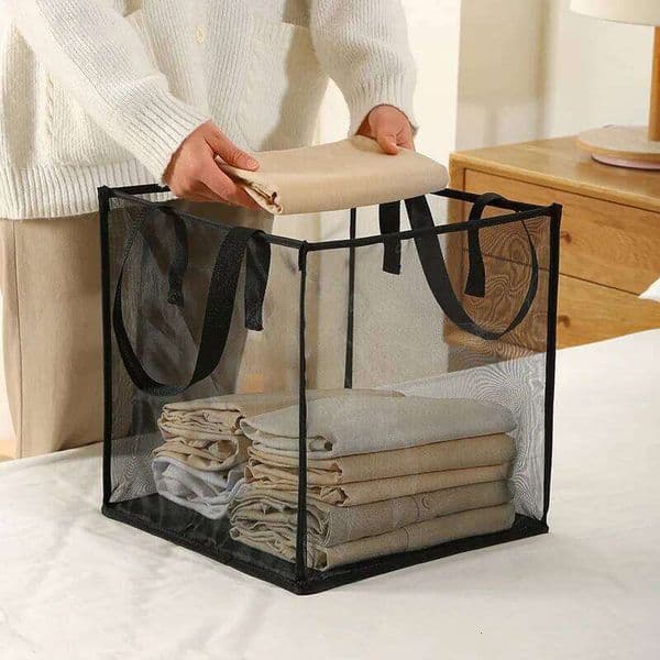 1pc Large Square Mesh Laundry Hamper - Foldable Collapsible Dirty Clothes Basket with Handles, Portable for Bathroom & Home Use 26H0126