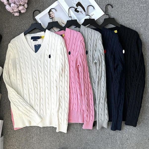 Women's Sweaters Sweater Designer With Embroidery Classic Retro Gray V-Neck Cable-Knit Twisted Cable Wool Knit