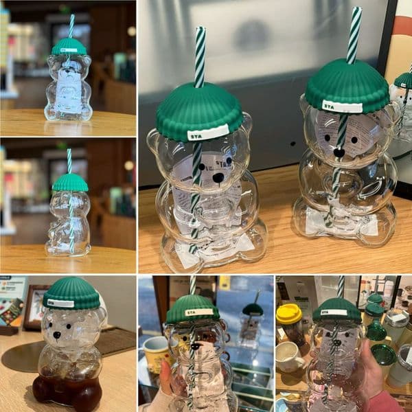 590ml Teddy Cute Water Bottle with Holiday Bear Transparent Glass For Men Women Birthday Valentine's Day Gift Milk Tea Cup With Straw W260227