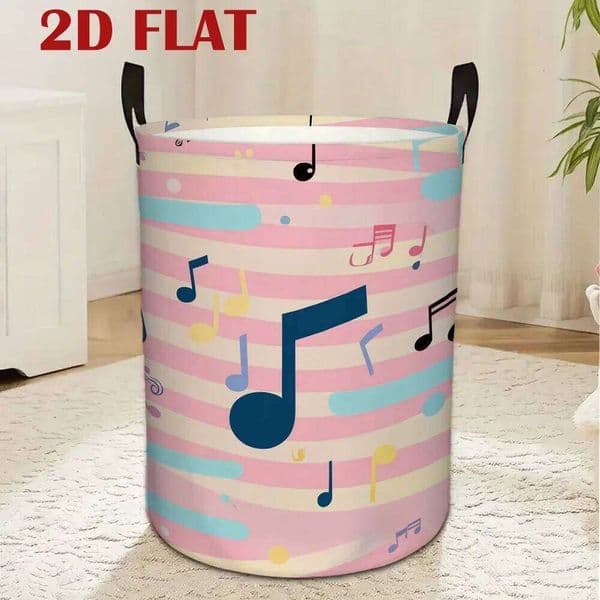 Large Capacity Round Storage Basket with Pastel Pink Blue Music Note Stripe Design Collapsible Portable Laundry Hamper 26H0126