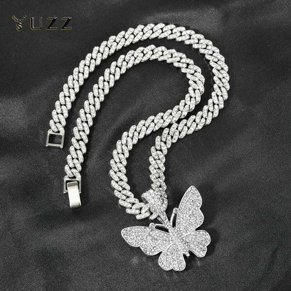 Men Women Iced Out Bling butterfly Pendant Necklace with 9mm Miami Cuban Chain Hip Hop Necklaces Fashion Charm Jewelry 26H0126