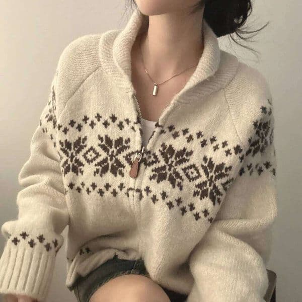 Korean Style Casual Knitted Jacquard Cardigan New Autumn Winter Women Fashion Elegant Long Sleeve Sweater Zipper Lapel Jacket H260126