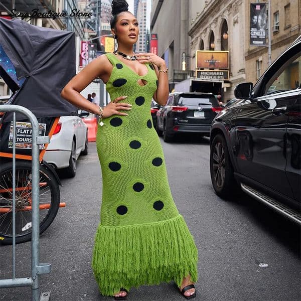 Women Sexy See Through Knitted Maxi Dress Hollow Out Deep Neck Pot Robes Tassel Hem Fork Party Vestidos Lady Club Dress 260122